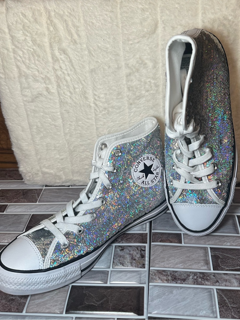 Rare Converse Chuck Taylor All Star High Mini Sequins Silver Hi Tops 8 - Picture 5 of 13